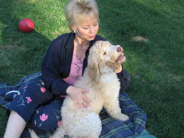 Woman and Australian Labradoodle bonding  